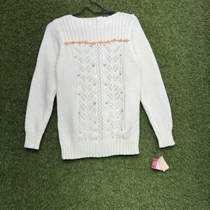 Vintage Glamour Knit Sweater Womens Small White Floral Embroidered Pullover 80s